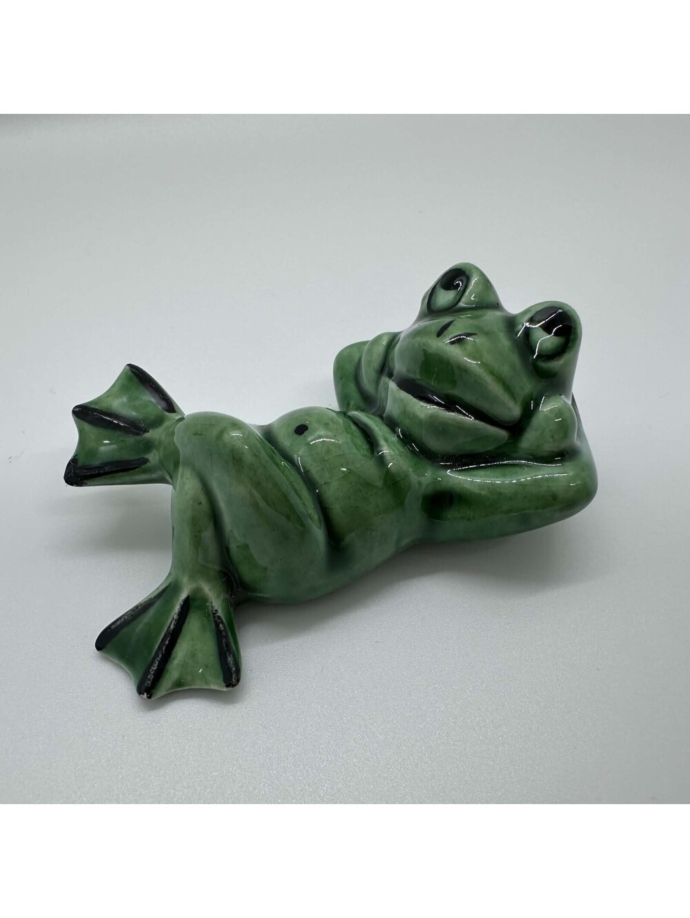 Green Glazed Ceramic Lounging Frog Figurine Miniature 3" EUC